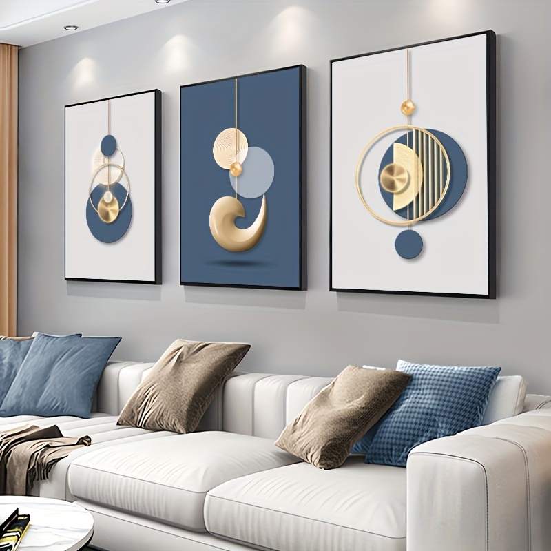 Luxury Lifestyle Furniture - 3 個のモダンなウォールアート絵画ゴールデンブルーポスター高級スタイルクリエイティブキャンバスプリントホーム、リビングルーム、オフィスルームの装飾、フレームレス